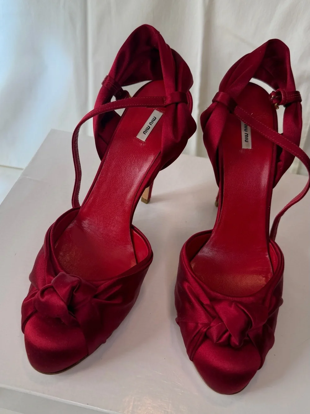 Miu Miu Crimson Satin Knotted Peep-Toe Heels